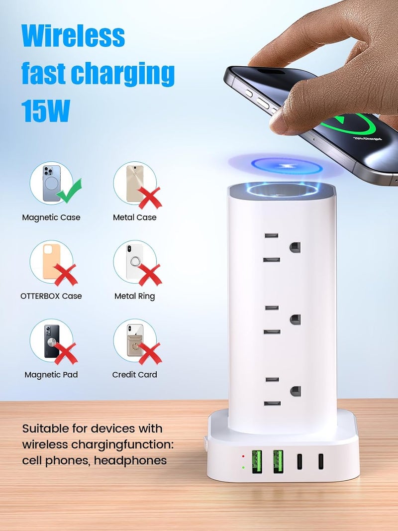 Pluackg Tower Power Strip with 15W Wireless Charger, 6FT Flat Plug Extension Cord with Multiple Outlets, 12 AC Outlets, 4 USB Ports (2 USB C) Charging Station Surge Protector for Office Home Dorm Room (White) - Image 3